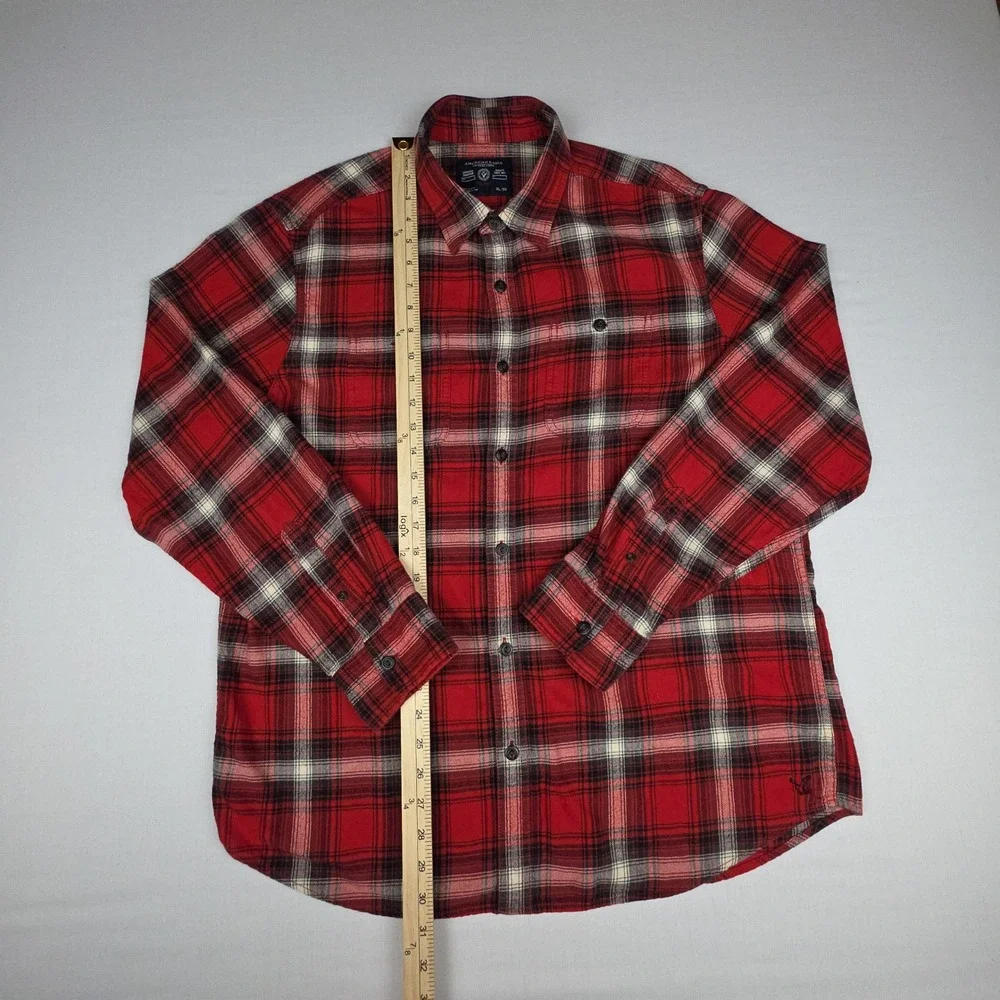 American Eagle Prep Fit Plaid Button Down Shirt Mens XL Red Flannel Cotton